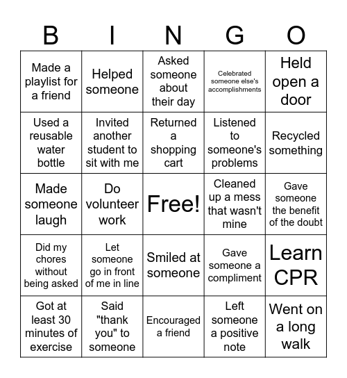 Random Acts of Kindness Bingo Card