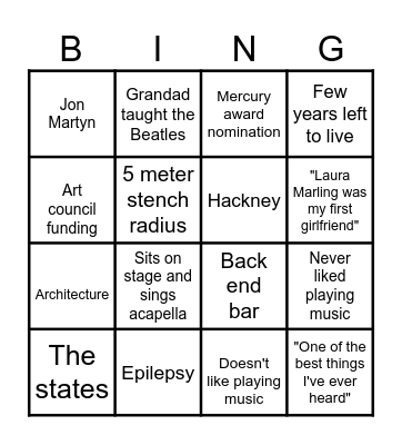 Big Jon Coley Night Out Bingo Card