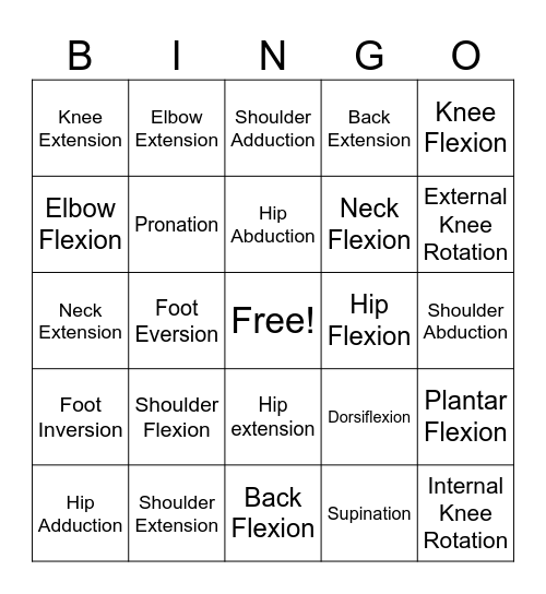 Body Movement Bingo Card