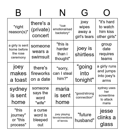 Bachelor Bingo Card