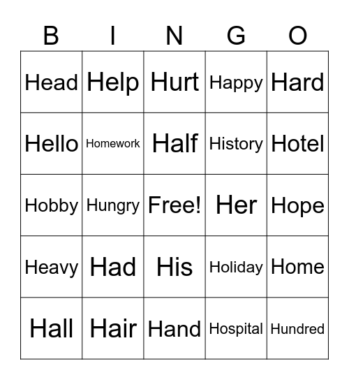 H words Bingo Card