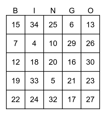 KIDS BINGO 1-35 Bingo Card