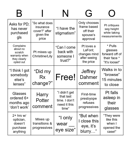 Optician Bingo Card