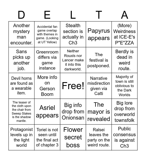 Deltarune Ch3 Bingo Card