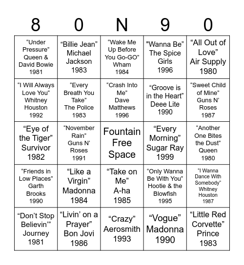 Fountain Music Bingo Challenge Bingo Card