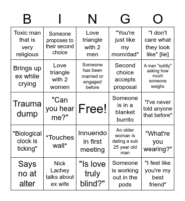 Love is Blind Bingo Card