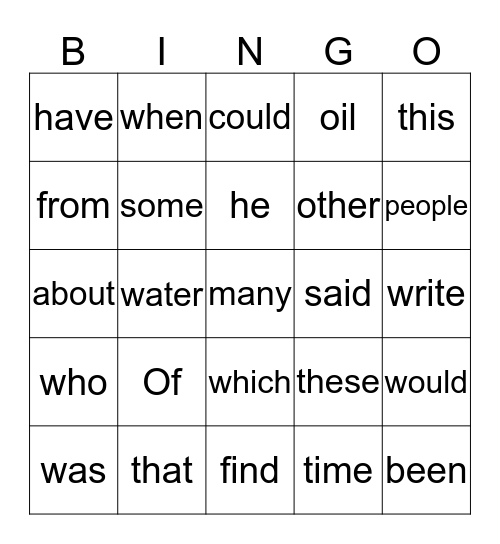 Sight words Bingo Card