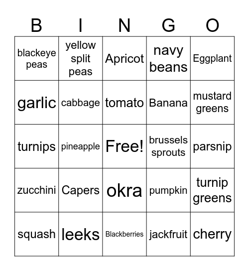 Fruit and Vetetable Bingo Card