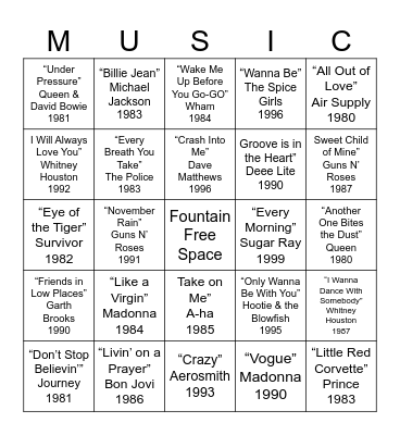 Fountain Music Bingo Challenge Bingo Card