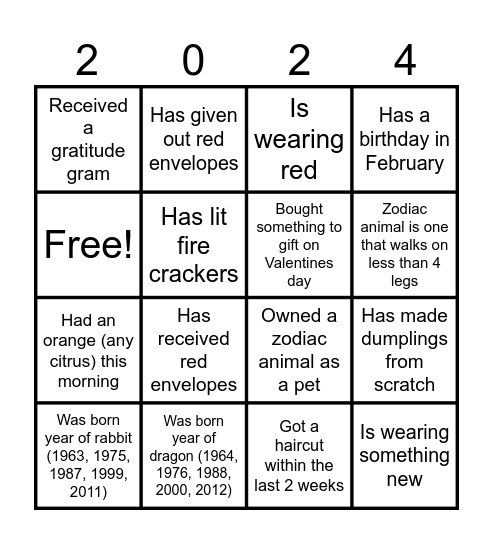 Lunar New Year/Valentines Bingo Card