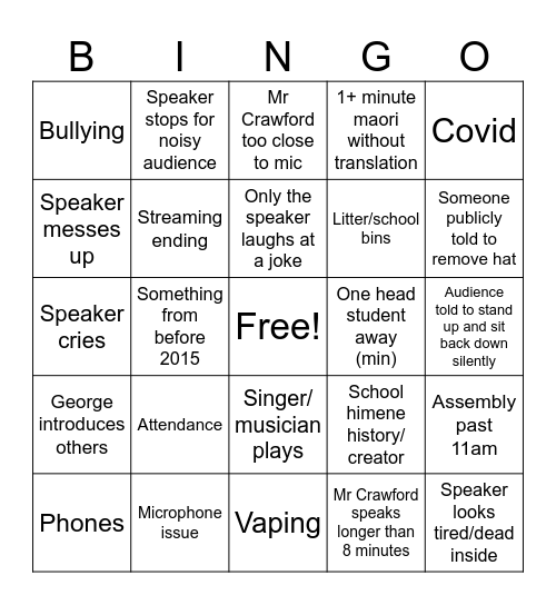 FFC Assembly Bingo Card