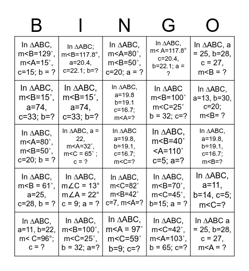 Law of Sines and Cosines BINGO - Solve 5 across, down or diagonal Bingo Card