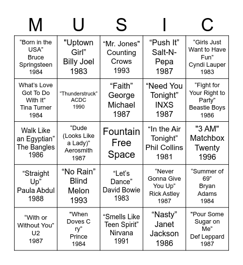 Fountain Music Bingo Challenge Bingo Card