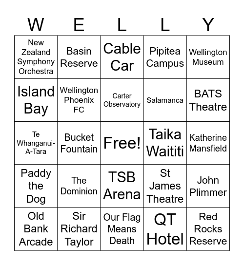 Wellington Bingo Card