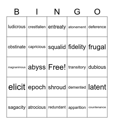A Tale of Two Cities Bingo Card