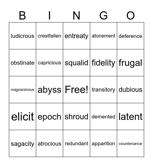 A Tale of Two Cities Bingo Card