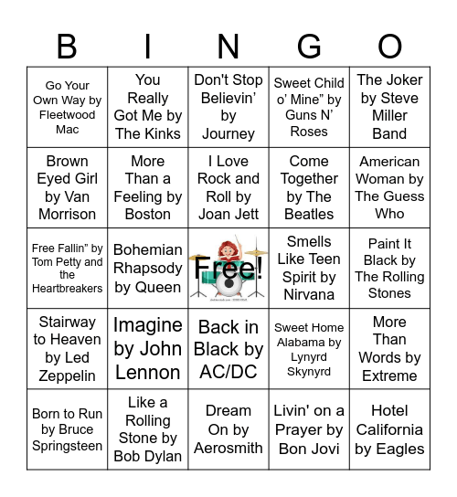 GrannyKat Rock and Roll Bingo Card