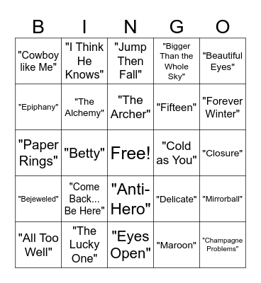 Taylor Swift Songs Bingo Card