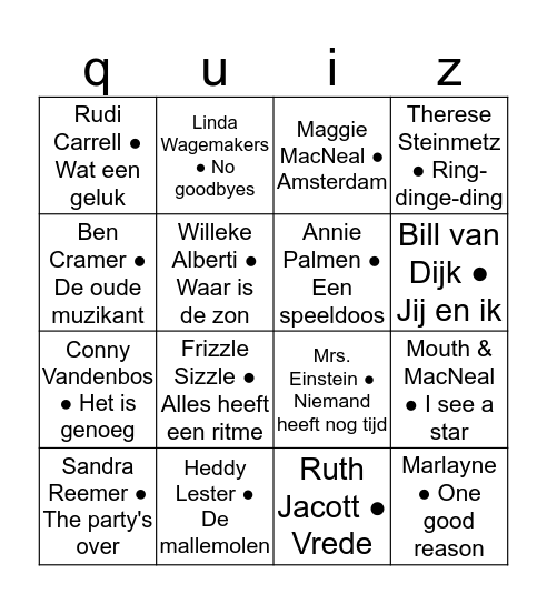 Songfestival Hollands Videoclip Bingo Card