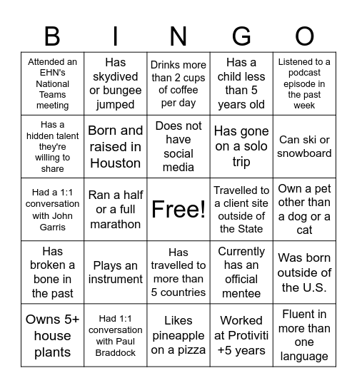 Ice Breaker EHN Bingo Card