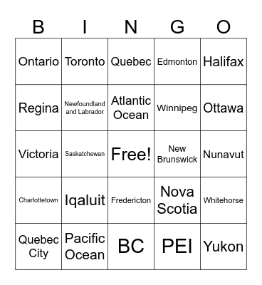Map of Canada Bingo Card