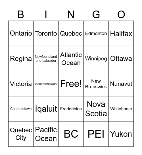Map of Canada Bingo Card