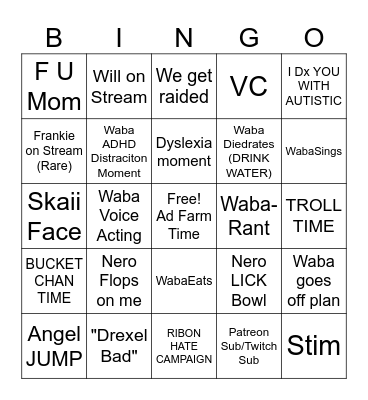 Typical WabaStreams Stream Bingo Card
