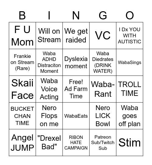 Typical WabaStreams Stream Bingo Card