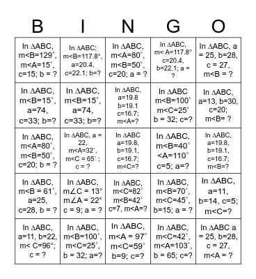 Law of Sines and Cosines BINGO - Solve 5 across, down or diagonal Bingo Card
