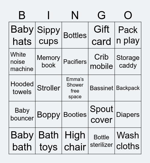 Emma’s Baby Shower Bingo Card