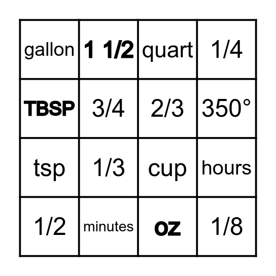 Cooking Measurements Bingo Card