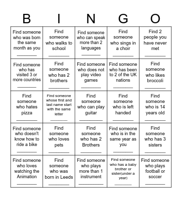 Getting to Know Our Youth Bingo Card