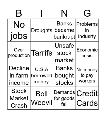 Causes of The Great Depression Bingo Card