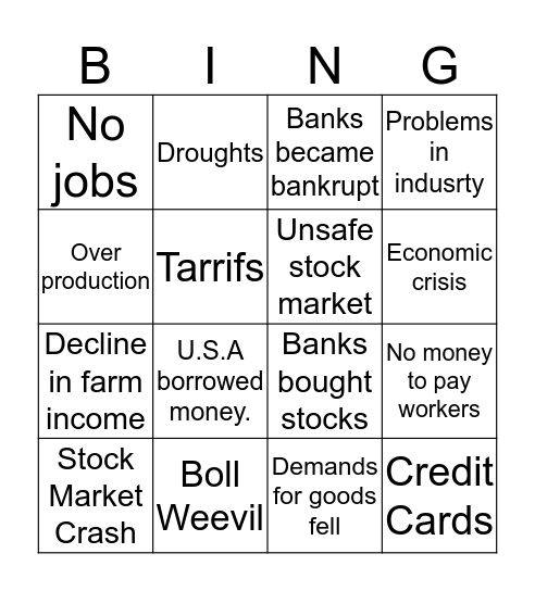Causes of The Great Depression Bingo Card