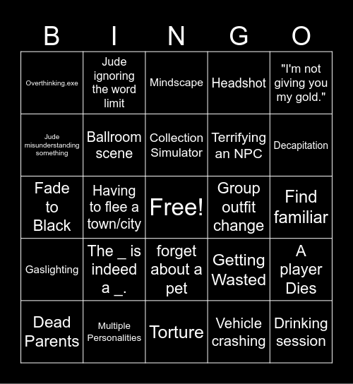 Seven Deadly sins Bingo Card