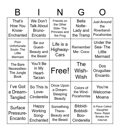 Disney BINGO Card