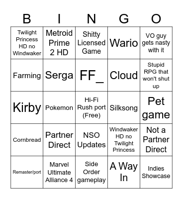 Nintendo Direct Bingo Card