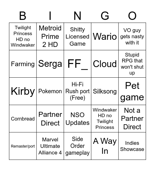 Nintendo Direct Bingo Card