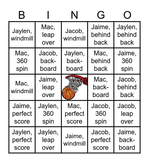 NBA Slam Dunk Bingo Card