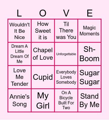 Love Song Bingo Card