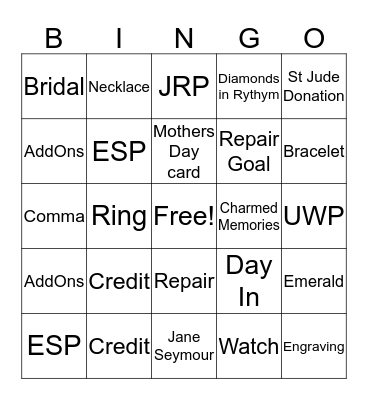 Kay Jewelers Bingo Card