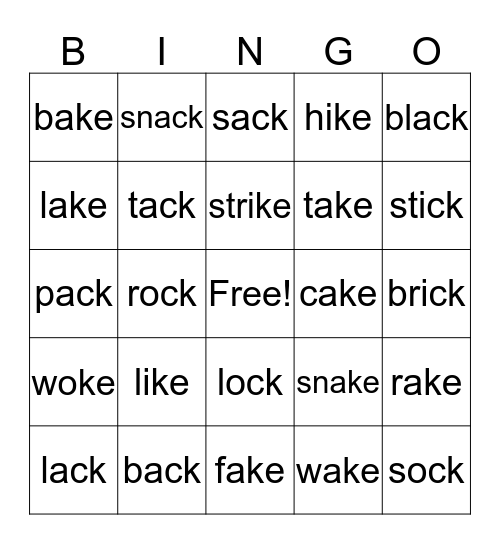 -ke, -ck Bingo Card