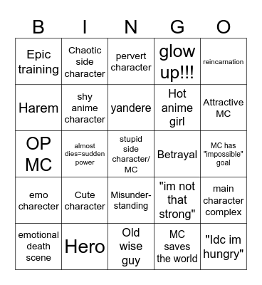 Stereotypical anime bingo Card