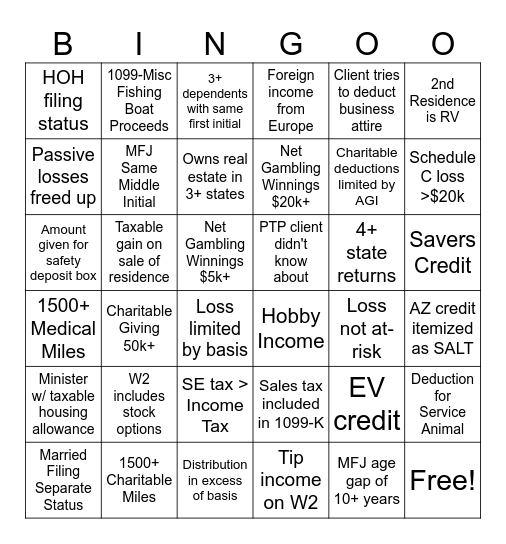 Tax Season Bingo Card