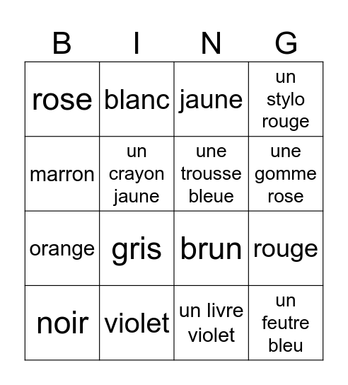 Les couleurs Bingo Card