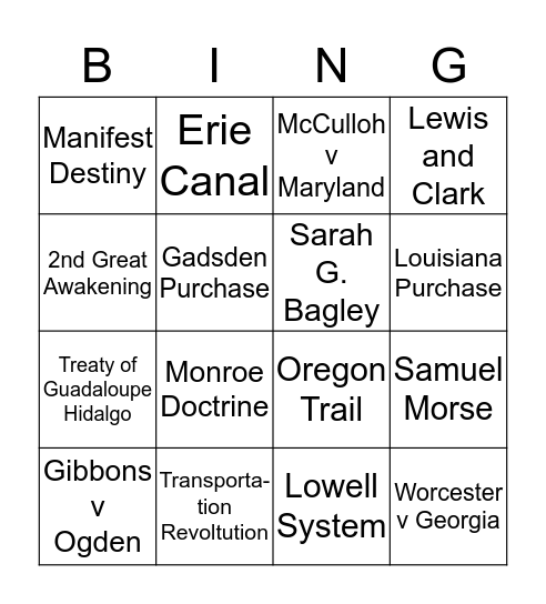 Westward Expansion Bingo Card