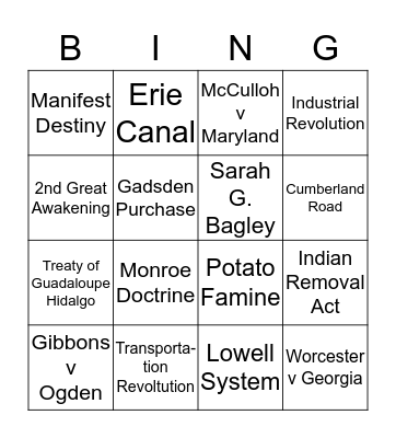 Westward Expansion Bingo Card