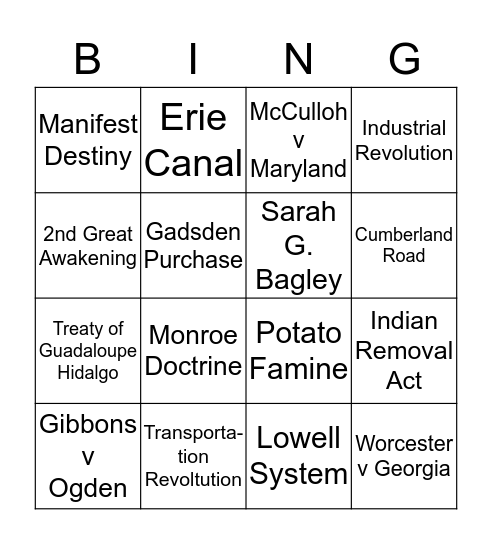 Westward Expansion Bingo Card