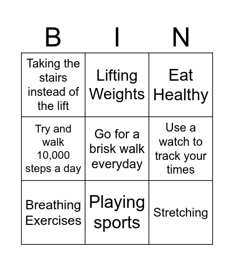 Physical Fitness Strategies Bingo Card