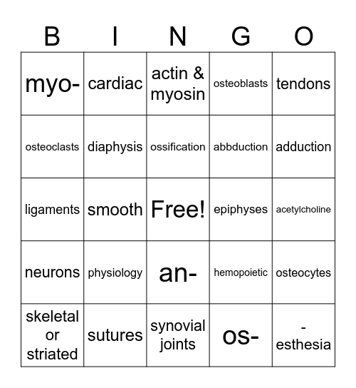 Anatomy and Physiology Terms Bingo Card